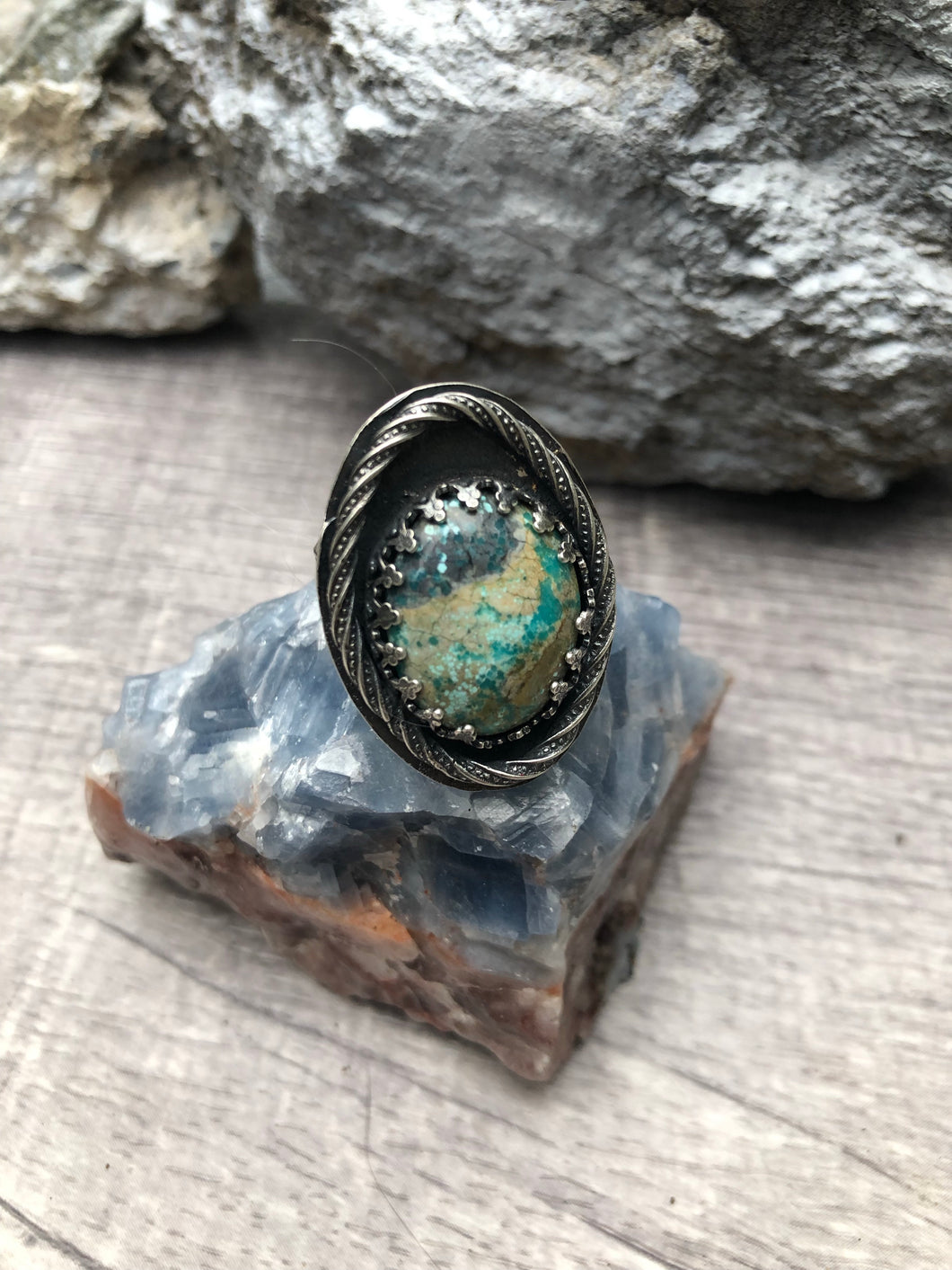 Tibetan Turquoise twist rope accent adjustable sterling silver ring.
